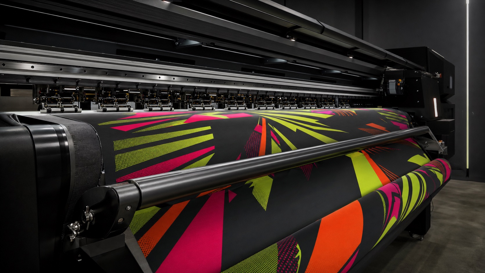 Mesin textile printing delapan warna sedang mencetak kain fluorescent